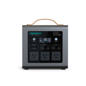 Marsriva MP6 Plus 600W Portable Power Station front panel view displaying the power buttons, LCD screen, and multiple AC output sockets.